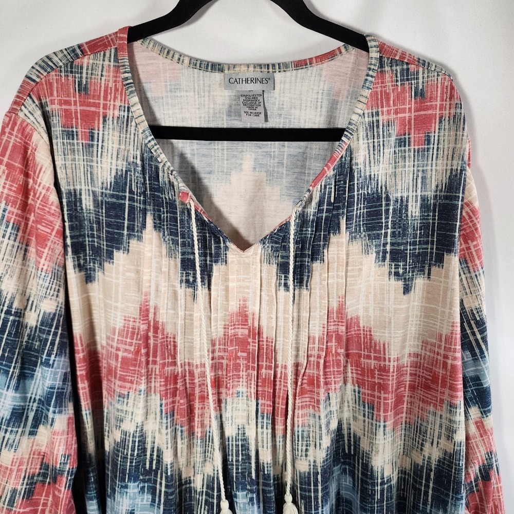 Catherines 3X Tunic Top Ikat Chevron Blue Coral Linen Blend Tassel V-Neck 3/4 Sl - Picture 4 of 9